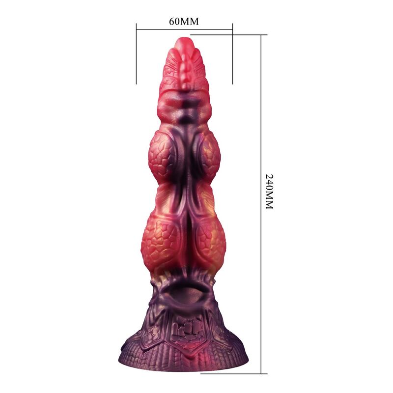 Gode monstre Savage Beastlord en silicone écaillé rose et orange, base sculptée en armure