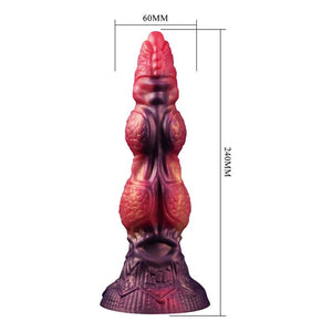 Gode monstre Savage Beastlord en silicone écaillé rose et orange, base sculptée en armure