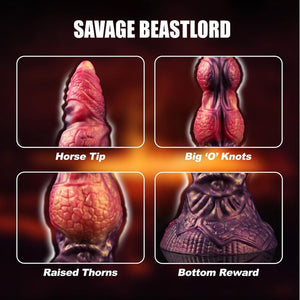 Gode monstre Savage Beastlord en silicone écaillé rose et orange, base sculptée en armure