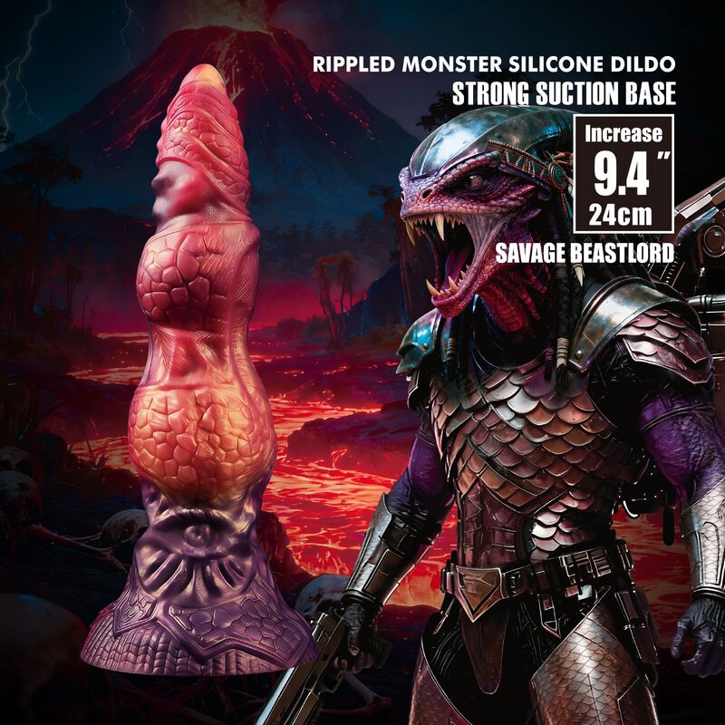 Gode monstre Savage Beastlord en silicone écaillé rose et orange, base sculptée en armure