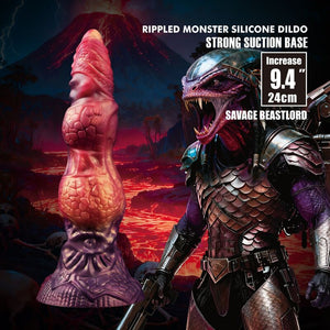 Gode monstre Savage Beastlord en silicone écaillé rose et orange, base sculptée en armure