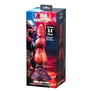 Gode monstre Savage Beastlord en silicone écaillé rose et orange, base sculptée en armure