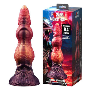 Gode monstre Savage Beastlord en silicone écaillé rose et orange, base sculptée en armure