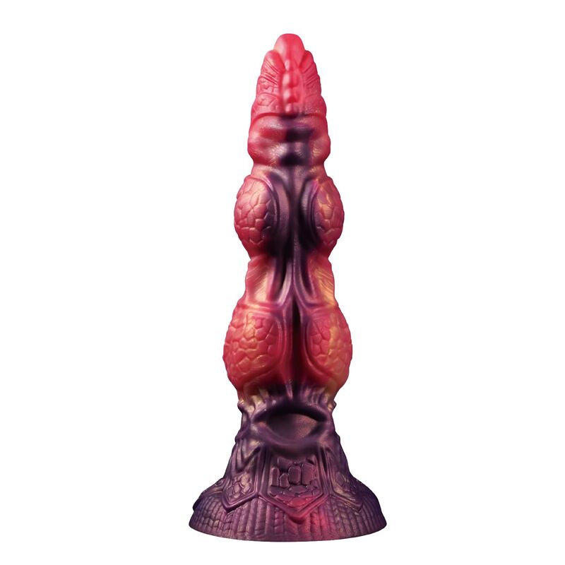 Gode monstre Savage Beastlord en silicone écaillé rose et orange, base sculptée en armure