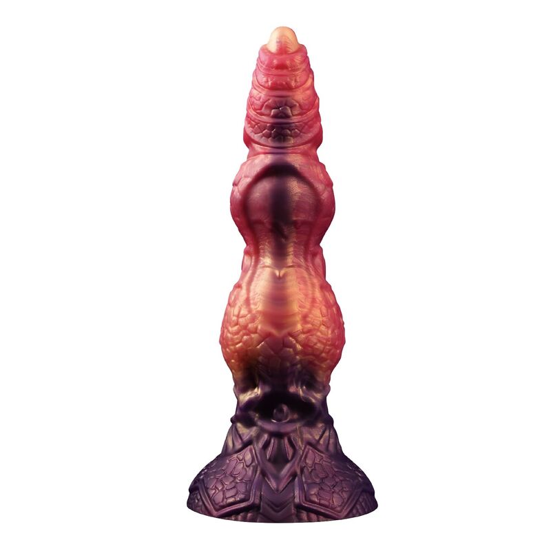 Gode monstre Savage Beastlord en silicone écaillé rose et orange, base sculptée en armure
