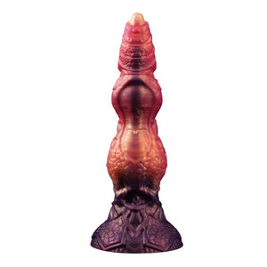 Gode monstre Savage Beastlord en silicone écaillé rose et orange, base sculptée en armure