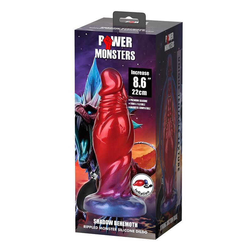 Plug gonflable Shadow Behemoth en silicone rouge et bleu, avec sa poire de gonflage
