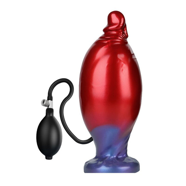 Plug gonflable Shadow Behemoth en silicone rouge et bleu, avec sa poire de gonflage