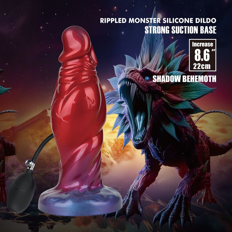 Plug gonflable Shadow Behemoth en silicone rouge et bleu, avec sa poire de gonflage