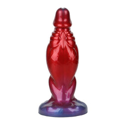 Gode fantasy gonflable Shadow Behemoth en silicone rouge et bleu, avec sa poire de gonflage