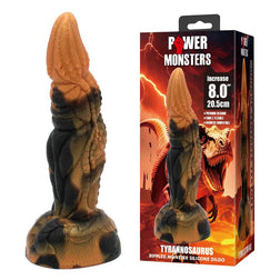 Tyrannosaurus dinosaur dildo in brown and black, three-quarter view