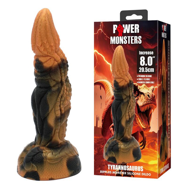 Tyrannosaurus dinosaur dildo in brown and black, three-quarter view