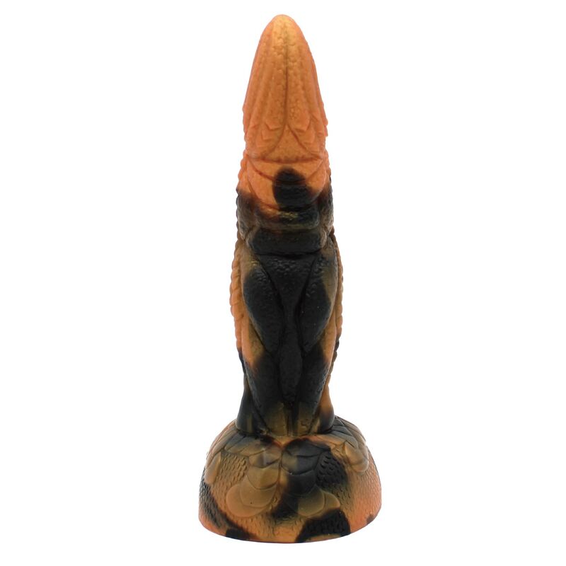 Textured back of the brown and black Tyrannosaurus dinosaur dildo