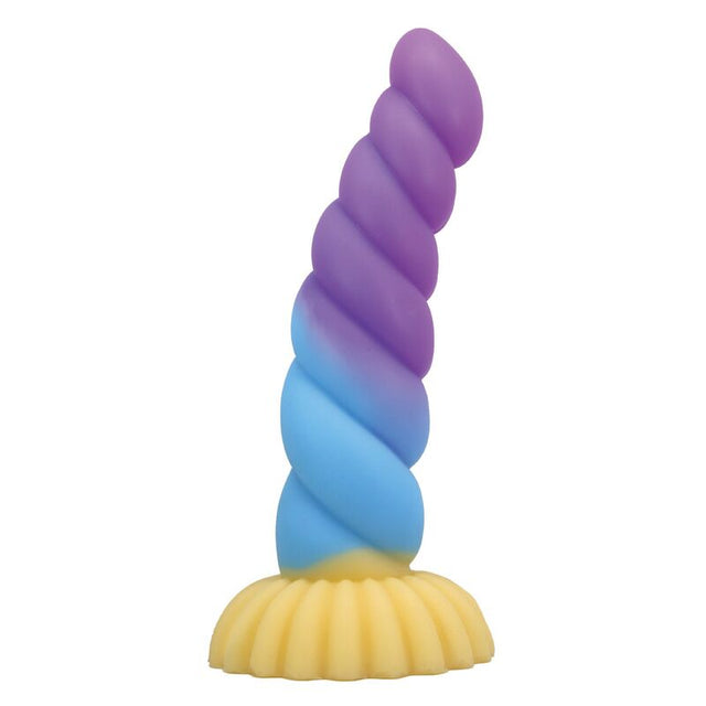 Gode licorne Unicorn 22 cm en silicone mat torsadé, dégradé violet bleu et crème