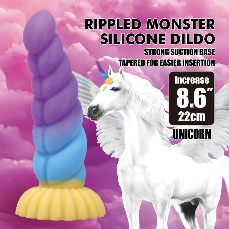 Visuel Power Monsters Unicorn, gode torsadé violet et bleu sur fond de licorne