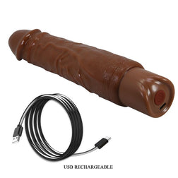 Vibrateur marron avec son câble de recharge USB noir.