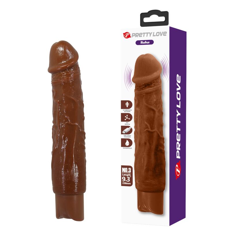 Vibrateur réaliste marron à côté de sa boîte Pretty Love portant le nom Rufus.