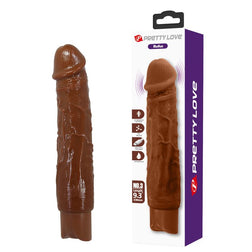 Vibrateur réaliste marron à côté de sa boîte Pretty Love portant le nom Rufus.
