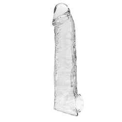 Transparente Penishülle Silas in Dreiviertelansicht mit realistischer Eichel und Ring an der Basis