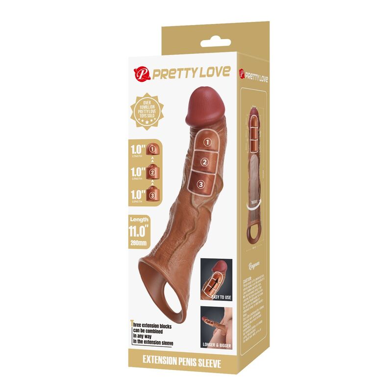 Boîte Pretty Love de la gaine pénienne marron montrant les trois inserts et la longueur de 280 mm