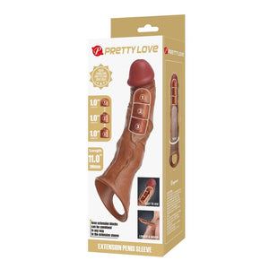 Boîte Pretty Love de la gaine pénienne marron montrant les trois inserts et la longueur de 280 mm
