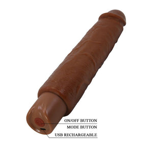 Vibrateur réaliste Soren marron avec repères du bouton de commande et du port de recharge USB