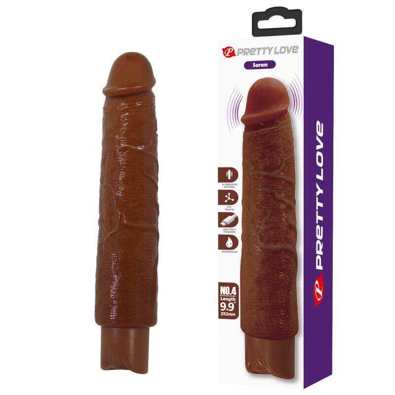 Vibrateur Soren marron présenté debout à côté de sa boîte Pretty Love