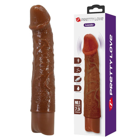 Vibrateur réaliste Leander marron à côté de sa boîte Pretty Love