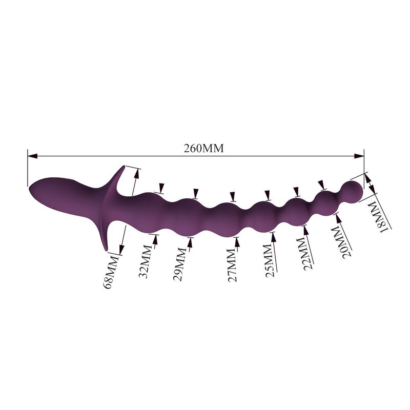 Schéma coté du Rigdon : 260 mm de long, billes de 18 à 32 mm, ailette de 68 mm