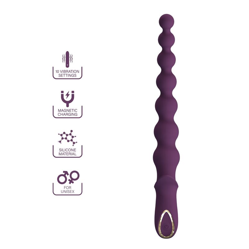 Chapelet anal Rigdon violet et ses pictogrammes : 10 modes, charge magnétique, silicone