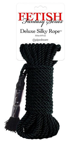 Deluxe Silky Rope harness model in black nylon for intimate pleasure.