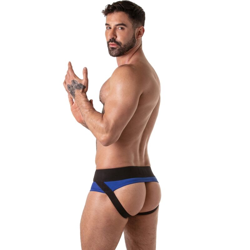 Costas do jockstrap Lock It azul e preto com nádegas descobertas e faixas elásticas