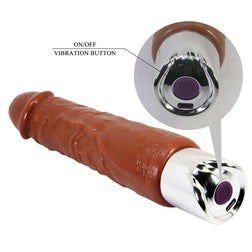 Vibromasseur Pro marron avec gros plan du bouton dans sa base argentée