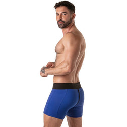 Achterkant van de blauwe Lock It boxershort met gesloten rits en zwarte tailleband