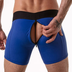 Geopende achterrits bij de billen van de blauwe Lock It boxershort