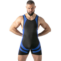 Black and blue Open Access Locker Gear singlet worn from the front, with mesh sides and thigh bands