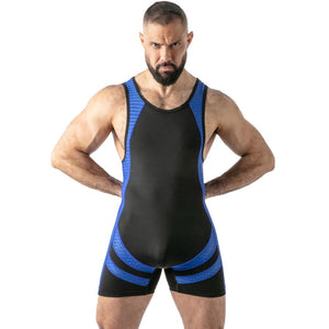 Black and blue Open Access Locker Gear singlet worn from the front, with mesh sides and thigh bands