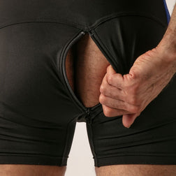 Detail of the open back zip on the black Open Access singlet