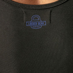 Blue Locker Gear padlock logo on back of black singlet, under neckline