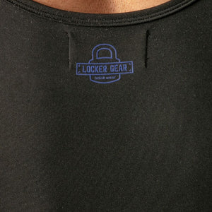 Blue Locker Gear padlock logo on back of black singlet, under neckline