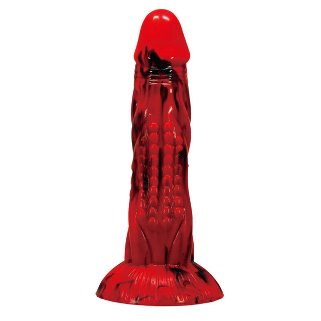 Gode monstre Minotaur en silicone rouge marbré de noir, fût perlé et base ventouse