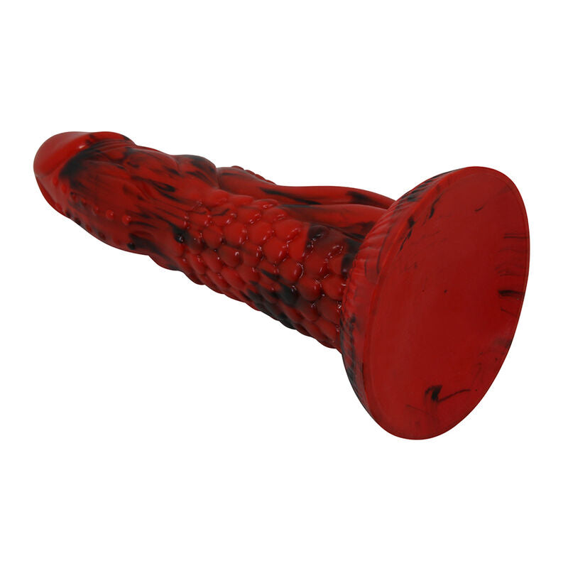 Gode monstre Minotaur couché, large ventouse rouge marbrée vue de trois quarts