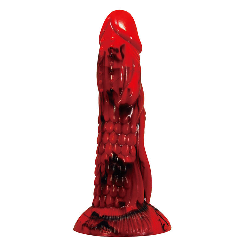 Gode Minotaur de face : gland lisse rouge et colonnes de perles sur le fût