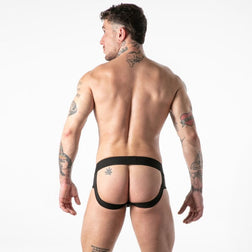Vue de dos du slip-jockstrap Full Military Access, avec ceinture et bandes noires sous les fesses