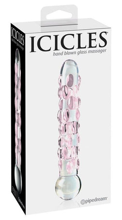 Gode Icicles N.07 en verre transparent avec reliefs roses.