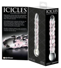 Gode Icicles N.07 en verre transparent avec reliefs roses.