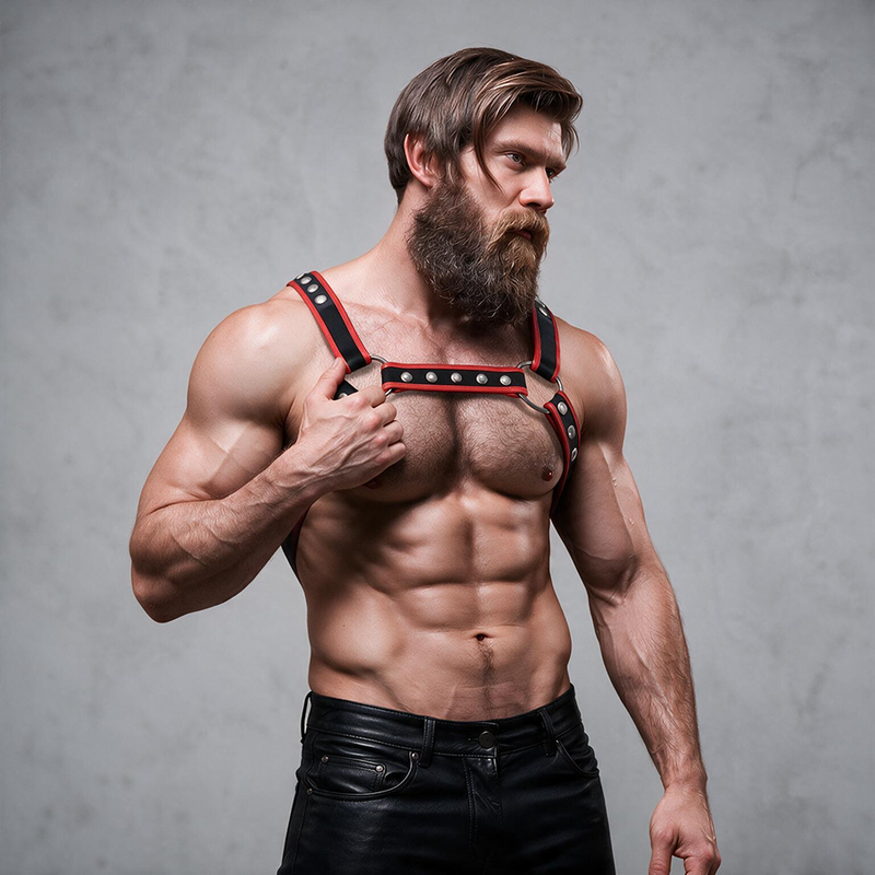 FETISH SUBMISSIVE ATTITUDE HARNAIS DE POITRINE BULLDOG EN CUIR ECOLOGIQUE POUR HOMMES NOIR ROUGE