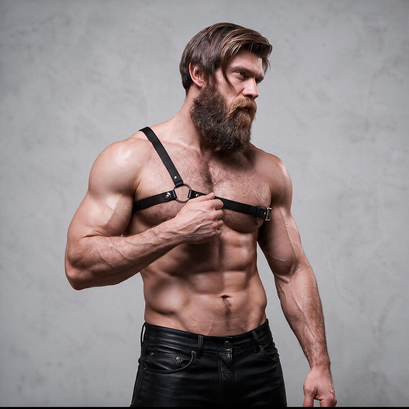 FETISH SUBMISSIVE HARNAIS EN CUIR ECOLOGIQUE POUR HOMMES EPAULES CROISEES ATTITUDE
