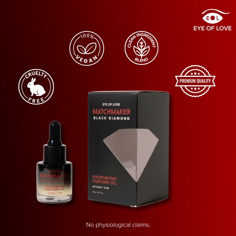 Huile Black Diamond et son étui, avec les mentions vegan et cruelty free sur fond rouge
