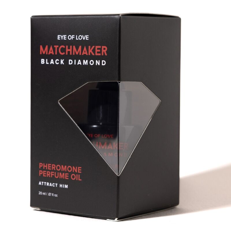 Boîte noire Matchmaker Black Diamond Attract Him, avec le flacon visible dans la fenêtre en forme de diamant